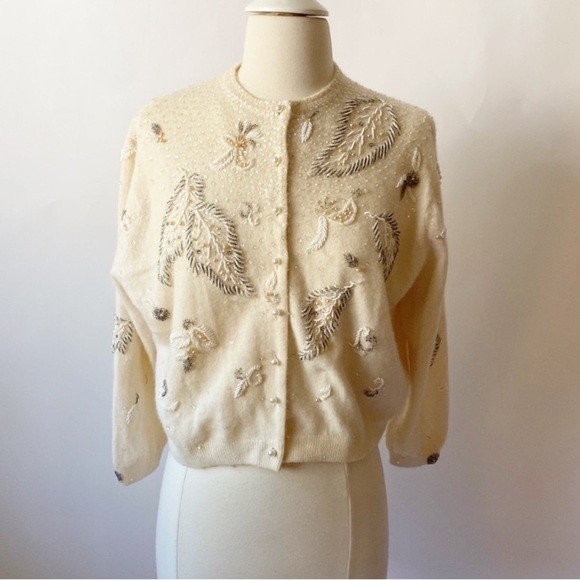 Vintage 60s McMullen Wool Beaded Sequin Cream Cardigan S #249 - Picture 1 of 16